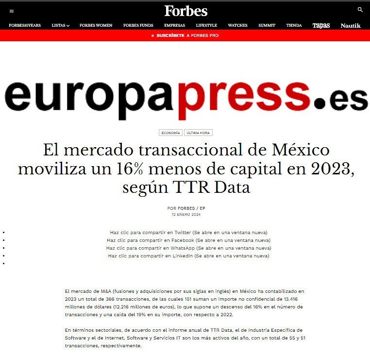El mercado transaccional de Mxico moviliza un 16% menos de capital en 2023, segn TTR Data